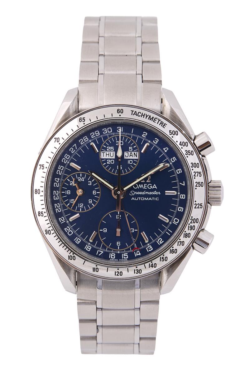Speedmaster Auto Date of steel, ref. 175.0084. Mechanical movement with automatic winding, day and month indication, cal. 1151. Omega bracelet of steel with folding clasp. Circumference approximately 18 cm. Ø 39 mm. 1998.