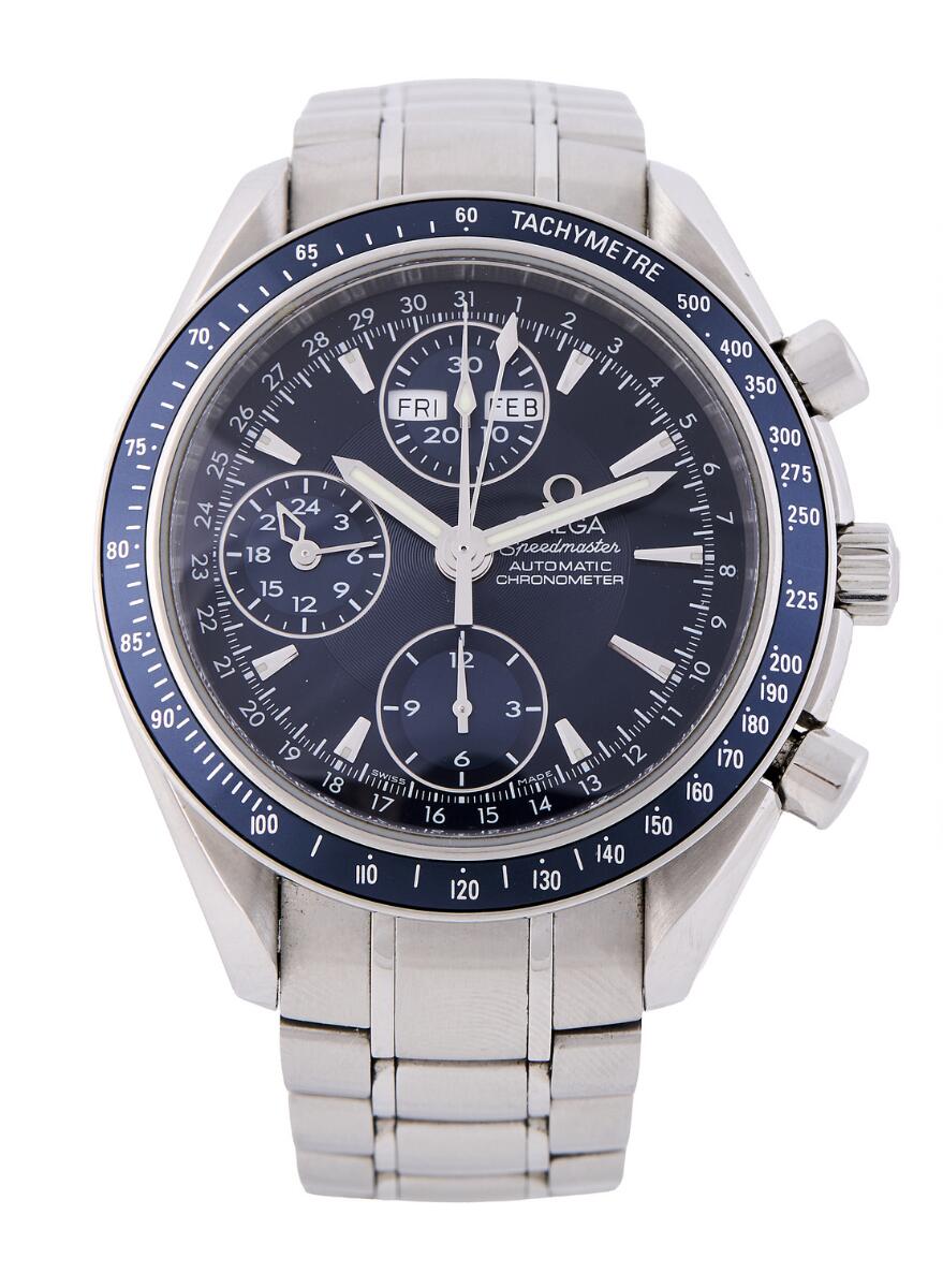 Speedmaster Day-Date of steel, ref. 178.0058. Mechanical movement with automatic winding and chronograph, day- and month indication, cal. 3606. Omega bracelet of steel with fold-over clasp. Circumference approximately 17 cm. Ø 40 mm. 2007.