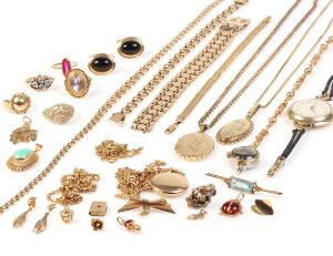 Større samling smykker af 14 kt. guld bestående af diverse ure, ringe, armbånd, vedhæng og ørestikker mm. Et par manchetknapper af 10 kt. guld medfølger. 36
