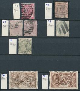 England. Planche gamle mærker, bl.a. smukt stemplet eksemplar af 26 Sh. Søheste, brun.