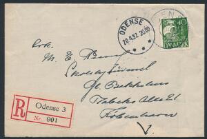 1927. Karavel 40 øre, grøn. Anbefalet brev til København, annulleret med stjernestempel ODENSE 3. PRAGT-kvalitet