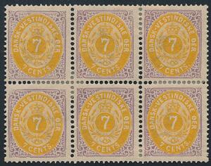 1873. 7 cents, lillagul. Ubrugt TÉTE-BÉCHE 6-BLOK med 5 rette rammer og OMVENDT RAMME i øvre midterste mærke. Flot, farvefrisk blok.