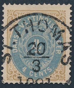 1873. 4 cents, brunblå. Tk.14. LUXUS-mærke med helt retvendt stempel ST. THOMAS 20.3.1901.