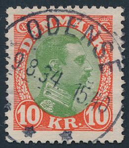 1927. Chr. X, 10 kr. rødgrøn. PRAGT-stemplet.