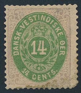 1873. 14 cents, lillagrøn. Farvefriskt mærke ubrugt mærke, opgummieret med let afrundet nedre højre hjørne. AFA 6500