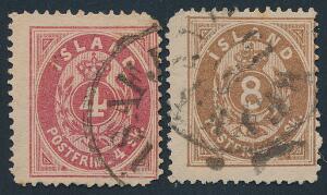 1873. 4 skilling, rød og 8 skilling, brun. Tk.14. 2 ægte stemplede skillingsmærker, begge med afrundet hjørnerhjørne. Facit 19000