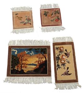 Fire kinesiske silketæpper, prydet med landskab samt fugle på grene. 21. årh. 31 x 32, 61 x 31 og 46 x 61. 4