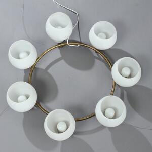 Vilhelm Lauritzen Christiansborg. Ringkrone med stel af messing, syv fatninger monterede med skærme af opalglas.