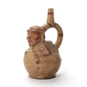Moche stigbøjlekar af keramik med flydende mand. Peru 300 f.kr-700 e.kr. H. 24 cm.