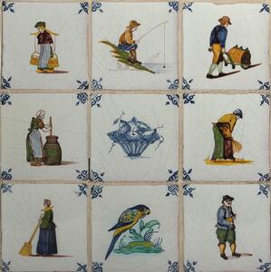 Hollandsk flisebillede af fajance bestående af ni fliser dekoreret i farver med figurer, fugl og frugtkurv. 19. årh. H. 40. B. 40.