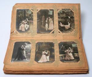 Romantic post cards Collection of 186 French romantic postcards mounted in album. C. 1900.