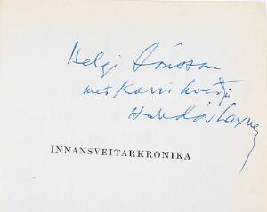 First editions inscribed by Halldor Laxness Collection of 41 works by Halldor Laxness, mostly in Icelandic, several inscribed incl. Hid Ljósa Man.