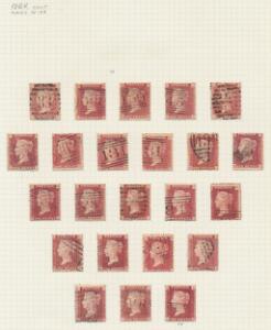 England. 1864. One Penny, rød. Nær komplet pladning fra plade 73 til plade 220 på 6 albumblade minus plade 77.