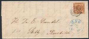1863. 4 sk. brun. Stukken kant. Lille pragtbrev med nr.stempel 175 og BLÅT antiquastempel SAMSØ 10.8.1863.