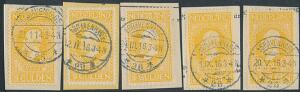 Holland. 1913. 5 Gulden, orangegul. 5 smukt stemplede mærker på små brevklip. AFA 2200