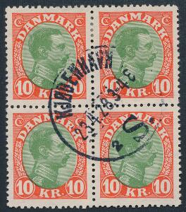 1927. Chr. X, 10 kr. rødgrøn. Sjælden, stemplet 4-BLOK.