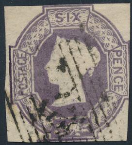 England. 1847. Victoria. Embossed issue. 6 d. lilla. Fint stemplet eksemplar, let beklippet i højre side. SG £ 900