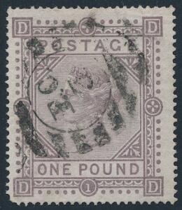 England. 1867. Victoria. 1 £. brunlilla. Wmk. Maltese Cross. Pænt stemplet eksemplar, med 2 korte takker. SG £ 4000