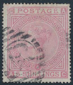 England. 1867. Victoria. 5 sh. rosa. Wm. Anker. BLÅT PAPIR 1882. Fint stemplet eksemplar, dog med let fold i øvre højre hjørne. SG £ 4000