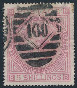 England. 1867. Victoria. 5 sh. rosa. Wmk. Maltese Cross. Plade 2. Fint stemplet eksemplar, dog en lille mørk plet i øvre højre hjørne. SG £ 1200