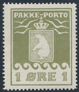 1915. 1 øre, oliven. Pænt postfriskt mærke