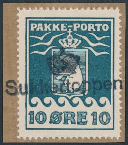 1937. Schultz, 10 øre, grønblå. Klip med pragtstempel SUKKERTOPPEN