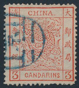 Kina. 1878. 3 Ca. rød. Fint stemplet eksemplar.