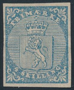 1855. 4 skilling, blå. Ubrugt mærke, uden gummi. Formentlig med fjernet blæk-annullering