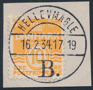 HELLEVMAGLE B, brotype Vc. Meget sjældent stempel tildelt Herlufmagle jernbaneekspedition. I kun 4 måneder 1.1.1934 til 2.5.1934 brugtes navnet Hellevmagle.