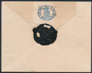 1850. 5 Kopek, helsagskuvert, blå. Uden perler. Med rammestempel HELSINGFORS 10.XX.1856. Facit 4000. Attest Nykvist.
