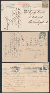 1905-13. 3 øre Bølgelinie grå. Tre postkort. Det ene påtegnet JULEAFTEN,det andet med MA sammenhængende og et med udklip fra helsag.