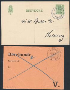 HØNG - TØLLØSE. Brevkort samt brevbundtseddel begge annullert med bureaustempel Bro IIIe og Bro IIe. 25.8.1916 og 17.6.1940.