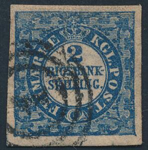 1852. 2 RBS Thiele, blå. Nydeligt mærke med pæne rande og nr.stempel 1. En svag lodret fold samt minimal tyndhed.