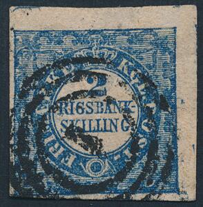 1852. 2 RBS Thiele, blå. Pænt stemplet eksemplar med to meget brede rande og lidt tæt i nedre venstre side.