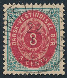 1873. 3 cents, blårød. Tk.14. PRAGT-mærke med retvendt stempel CHRISTIANSTED 22.5.1899