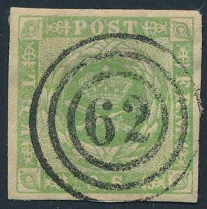 1854. 8 sk. grøn. Bredrandet mærke med retvendt nr.stempel 62 SAKSKJØBING.