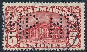 1912. 5 kr. Posthus, brunrød. Vm.III. Stemplet mærke med perfin HP.