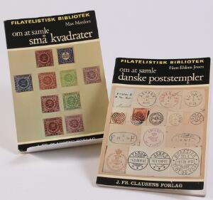 Litteratur. 2 titler. Om at samle små kvadrater. Af Max Meedom og Om at samle danske poststempler. Af Hans E. Jessen.