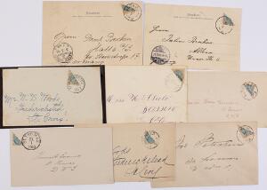 1903. HALVERET 4 Cents, gulbrunblå. Parti med 8 forsendelser med halverede 4 cents, bl.a. brevforside med tk.14 samt et postkort med tk.12.
