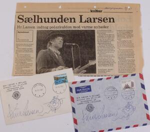 1987. 2 breve fra hhv. Jacobshavn og Nuuk. Begge med AUTOGRAF af sangeren KIM LARSEN. Avisudklip medfølger.