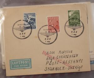 Danmark. 1946-87. TEMA-samling SAS med 1. Flyvninger, postkort, etiketter m.m. Grønlands breve, bl.a. med AFA 17-19.