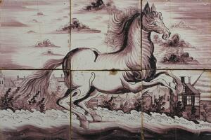 Hollandsk flisebillede af fajance, dekoreret med hest i landskab symboliserende stormfloden. 18. årh.s slutning. 29,5 x 42. Indrammet.