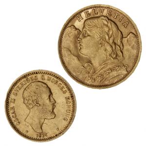 Sverige, Oscar II, 10 kr 1874, SM 25, F 94 Schweiz, 20 Francs 1935, F 499