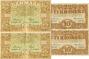 5 kr 1943 K, Svendsen  Friis, 10 kr 1943 U, Svendsen  Ingerslevgaard, 100 kr 1943 B, Svendsen  Pugh, i alt 6 stk. - 2 stk. af hver seddel
