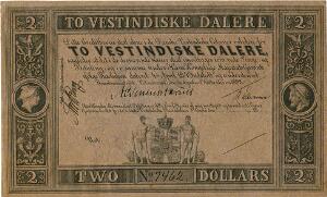 2 Vestindiske Dalere 1898, Sieg 14, Pick 8b, blanket med 3 underskrifter