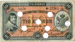 Sverige, 10 Kr 1894, Christianstads Enskilda Bank, No. 57365, Pick S131, hulmakuleret