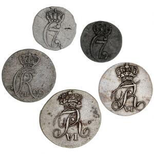 Norge, Chr. VII og Fr. VI, 5 sølvmønter inkl. skilling 1779, 1780, NM 96, 97. 5