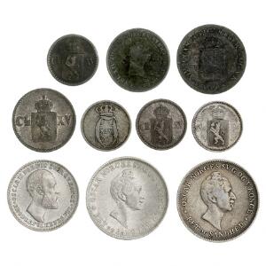 Norge, Carl XIV Johan - Oscar II, 10 skillingsmønter i sølv inkl. 24 skilling 1852, 1855, NM 20, 23