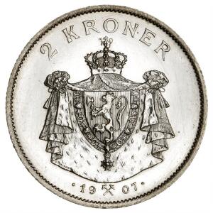 Norge, Haakon VII, 2 kr 1907, NM 4, Norges uafhængighed, hairlines på advers - smukt eksemplar med medailleprægskarakter