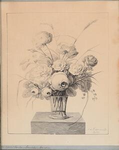 Johannes Ludvig Camradt Opstilling med blomster i en vase. Sign. J. L. Camradt 1832. Vandfarve på papir. Grisaille. Bladstørrelse 23 x 18.